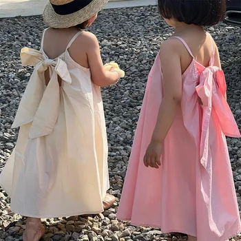 Модное хлопковое платье принцессы для маленьких девочек с бантом, платье на подтяжках для малышей, однотонная летняя одежда для малышей от 1 до 10 лет