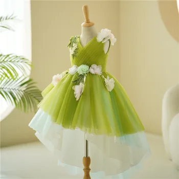 2023 Зеленое платье-пачка для девочек Детские Платья на свадьбу, День рождения Для девочек Бальное платье из Тюля Костюм принцессы с цветочным рисунком