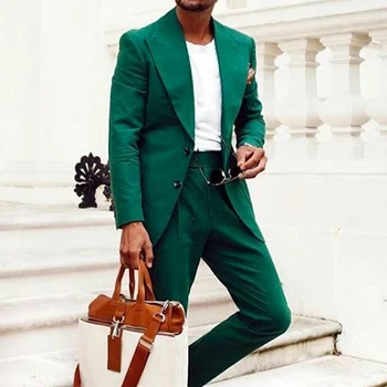 Повседневные мужские костюмы для свадьбы из 2 предметов с остроконечными лацканами, зеленый смокинг жениха 2020, комплект мужской модной одежды, куртка, брюки