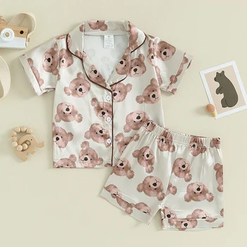Для Малышей, летние пижамы для мальчиков и девочек, рубашки с отложным воротником и короткими рукавами с принтом медведя из мультфильма, шорты с эластичной резинкой на талии