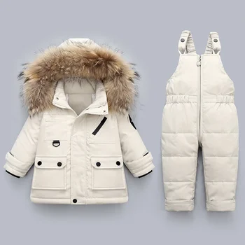 Зимний пуховик, комплект одежды из 2 предметов, одежда для мальчиков и маленьких девочек, комбинезон, детское утепленное теплое пальто, парка, детский зимний костюм