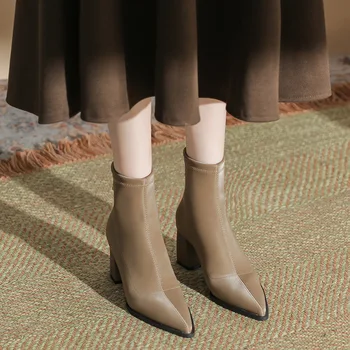 Botines Коричневые Ботинки на Квадратном Каблуке С Острым Носком Botas Mujer Zapatos para Mujeres На молнии, Неглубокие Ботинки, Швейная Однотонная Обувь