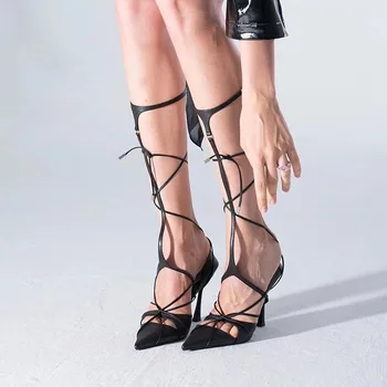 Новые летние Пикантные Босоножки на толстом каблуке с острым носком и перекрестным ремешком в римском стиле с универсальной пряжкой на высоком каблуке 2024 года