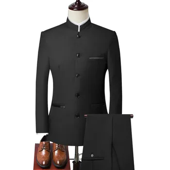 Мужской воротник-стойка в китайском стиле, приталенный костюм из двух частей, комплект / Мужской блейзер Zhong Shan, куртка, пальто, брюки, брюки 2 шт.