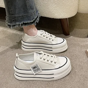 Белая Дизайнерская осенняя новая Корейская версия модной парусиновой обуви, женская повседневная обувь на толстой подошве, на шнуровке, маленькая