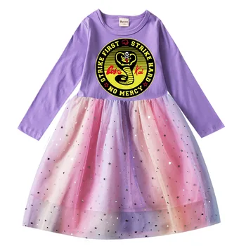 От 2 до 10 лет Милая одежда Cobra Kai Для маленьких девочек, платья принцессы с длинными рукавами и маленькой сумочкой, комплекты детских мультяшных платьев с радужными блестками