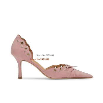 Замшевые туфлилодочки на высоком каблуке с котенком Женская обувь с острым носком и открытой застежкой-бабочкой