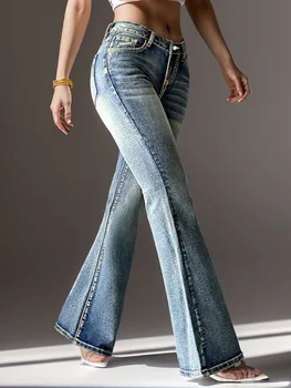 Новинка зимы 2023, женские джинсы в стиле ретро со средней талией, модные облегающие джинсовые расклешенные брюки с вышивкой, повседневные брюки