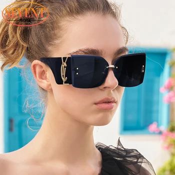 Солнцезащитные очки Cat Eye без оправы, женские 2023, роскошный бренд, дизайнерские Солнцезащитные очки Cat Eye большого размера Для женской моды, Бескаркасные солнцезащитные очки