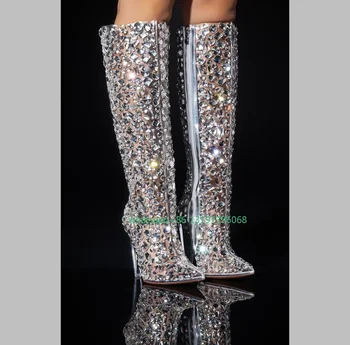 Женские сапоги до колена с острым носком из ПВХ с блестками и стразами, модные белые сапоги, украшенные дизайнерские туфли-лодочки, размер обуви 46