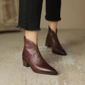 Новые осенние модные женские ботинки Сапоги на толстом каблуке с острым носком Женские удобные и простые ботильоны Обувь из искусственной кожи