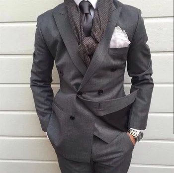 Мужской костюм Темно-серый двубортный смокинг, сшитый на заказ, приталенный деловой костюм для жениха из 2 предметов на свадьбу, выпускной бал (куртка + брюки)