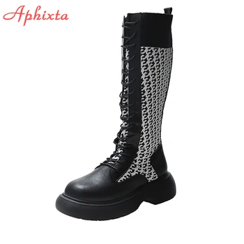 Aphixta 2021, Зимние высокие сапоги, женская мода Выше колена, Бежевая Удобная женская обувь из хлопчатобумажной ткани на шнуровке, Сапоги