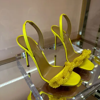 UVRCOS Туфли на высоком каблуке со стразами, летние босоножки с открытым носком и ремешком на щиколотке, желтые хрустальные сексуальные босоножки с вырезами на лодыжке, модельные туфли