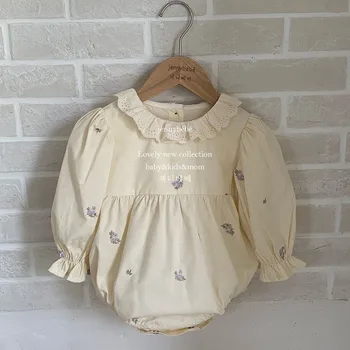 Осенняя одежда для младенцев 2023 года, кружевной комбинезон с рюшами и вышивкой для девочек, боди с цветочным рисунком, Корейский Высококачественный комбинезон с длинным рукавом для малышей