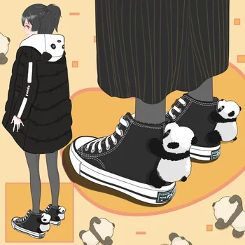 Куклы-панды Эми и Майкла, парусиновая обувь для студенток, женская вулканизированная обувь, модные женские повседневные черные кроссовки с высоким берцем.