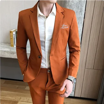 Оранжевый мужской костюм, приталенный деловой повседневный костюм с вышивкой, Корейская версия, куртка, брюки, 2 шт., Новый модный костюм Homme