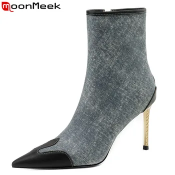 MoonMeek / новинка 2024 года, осенние ботинки из натуральной кожи разных цветов, обувь на молнии на тонком высоком каблуке, пикантные женские ботильоны с острым носком.