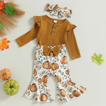 Комплекты брюк для новорожденных девочек, весенне-осенняя одежда, боди с длинными рукавами и штаны-клеш в виде тыквы с повязкой на голову, детские вещи