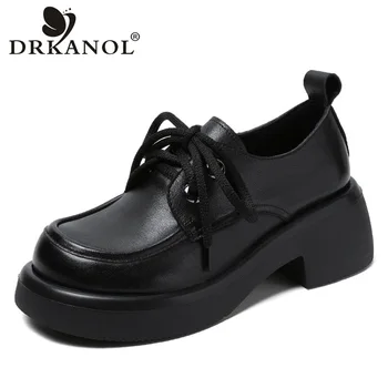 DRKANOL/ 2023; Модные женские туфли-лодочки; сезон весна; повседневная обувь на платформе из 100% натуральной кожи на толстом высоком каблуке; Обувь ручной работы в стиле ретро со шнуровкой;