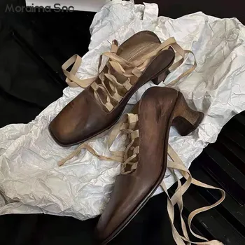 Ретро-Нишевые Туфли на среднем каблуке Со шнуровкой, Женская обувь Mary Jane С открытым носком, Квадратный Носок, Толстый каблук, Полые Кожаные туфли ручной работы