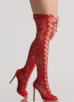 Женские летние Красно-черные кружевные сапоги с прозрачным цветочным узором выше колена, модные сапоги до бедра на шнуровке спереди, сапоги с открытым носком