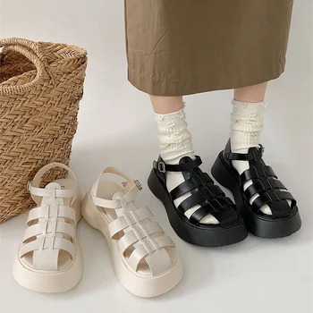 Женские сандалии 2023 Летние белые повседневные туфли на платформе, Модные черные сандалии с ремешком и пряжкой на толстой подошве, женские спортивные сандалии