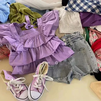Menoea/ Летний фиолетовый комплект детской одежды для девочек, блузка с развевающимися рукавами, топ и джинсовые шорты для Корейских малышей, повседневные штаны, джинсовый костюм для малышей
