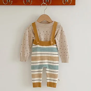 Комплект из двух предметов осенней одежды для маленьких девочек, пуловеры в абрикосовый горошек, свитера, контрастный вязаный комбинезон без рукавов цвета хаки