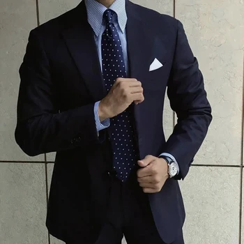 Модный темно-синий костюм для мужчин, Джентльменский деловой блейзер, Свадебный смокинг жениха, комплект из 2 предметов, куртка, брюки, Terno Masculino