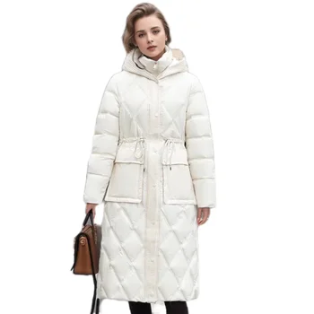 Зимняя зимняя куртка средней длины с капюшоном, женская однотонная парка с хлопковой подкладкой, Тонкая талия, шнурок, большой карман, толстое теплое пальто