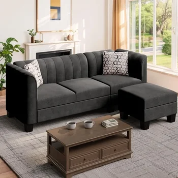 Диван для гостиной L-образный раскладной модульный диван-кровать с высокими подлокотниками, мебель для дома из мягкой ткани, черный