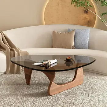 Журнальный столик из треугольного стекла, журнальный столик из прозрачного стекла, журнальный столик из массива дерева, Минималистичный чайный столик в гостиной, Современная мебель в скандинавском стиле