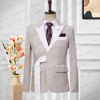 Мужская куртка, пиджак, пальто, Лето 2023, Новый Высококачественный Модный Деловой Комплект из льна цвета хаки для официального свадебного джентльмена