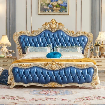 Кровать из массива дерева в европейском стиле, кровать в американском стиле, светлая роскошная золотая кровать, двуспальная кровать, главная спальня, кожаная кровать