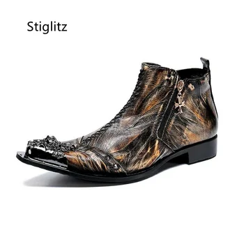 Мужские ботинки в стиле ретро с металлическим острым носком, мужская обувь из натуральной кожи с боковой молнией, мотоциклетные ботильоны 
