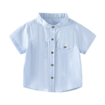 Полосатые рубашки для мальчиков небесно-голубого цвета Для малышей, детские топы, тройники, детская хлопковая летняя футболка с воротником-стойкой, детская одежда