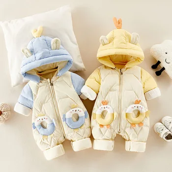 Цельнокроеная пуховая хлопчатобумажная куртка для новорожденных мальчиков и девочек, утепленная верхняя одежда с капюшоном из белого утиного пуха, детское зимнее пальто