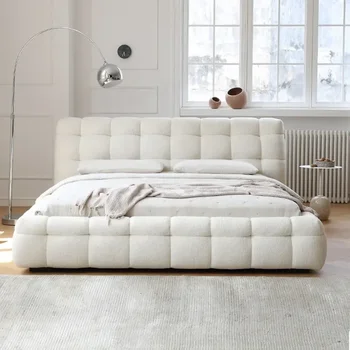 Кровать для сливочного хлеба из белой бархатной ткани Оптовые цены производителя Двуспальная кровать Настраиваемый цвет