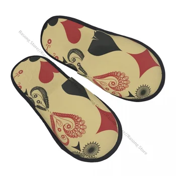 Зимние Женские Мужские нескользящие тапочки на плоской подошве с винтажным рисунком игральных карт, мягкая теплая обувь для помещений