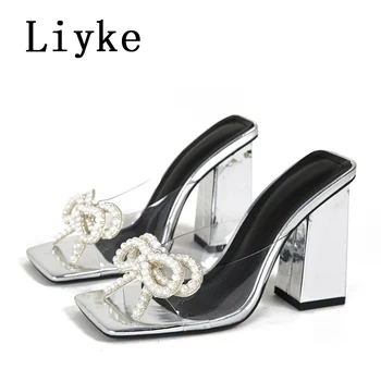 Liyke Модный дизайн, женские тапочки с жемчужной бабочкой и узлом, прозрачные сандалии, серебристые шлепанцы на высоком каблуке, летняя обувь, размер 42