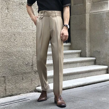 Корейские модные Мужские костюмные брюки, мужские легкие Деловые брюки с высокой талией для мужчин, свободные прямые Классические Мужские брюки 2023 D123