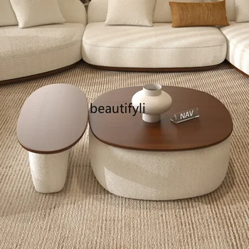 Современная минималистичная комбинация журнальных столиков Креативного орехового цвета с круглым чайным столиком