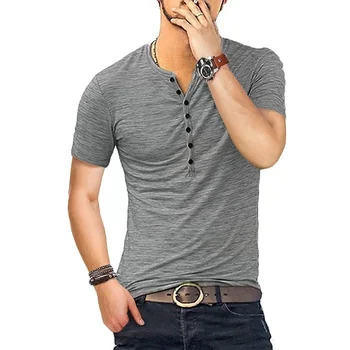 A2697 Повседневные летние футболки, мужская футболка Henley с коротким рукавом, стильная приталенная футболка с V-образным вырезом, повседневные мужские футболки