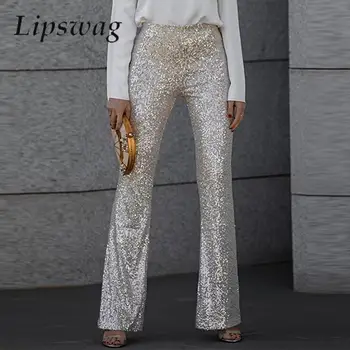 Модные блестящие вечерние брюки с блестками, облегающие женские элегантные длинные брюки с расклешенными рукавами 2024, повседневные эластичные брюки с высокой талией
