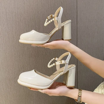 Качественная кожаная женская обувь для сандалий с ремешком с жемчужной пряжкой, босоножки на каблуке 2023, Весенне-летняя женская обувь