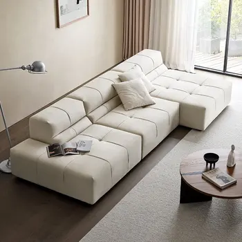 Кожаный диван в гостиной сочетание бобовых блоков итальянско-японского кремового стиля, тканевого художественного дивана