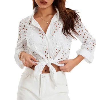 Полая повседневная женская рубашка с длинным рукавом, отложным воротником, прозрачной рубашкой на пуговицах, осенними топами, уличной одеждой