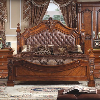 Кожаная кровать Главная спальня Свадебная кровать 1,8 метра Ретро Кожаная кровать Европейская мебель для спальни с двуспальной кроватью из массива дерева