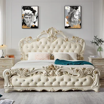 Роскошная двуспальная Европейская кровать с мягким деревянным каркасом, красивая кровать в европейском стиле, современные кожаные камзолы, супружеская мебель для спальни